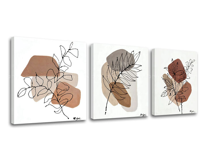 În stil scandinav tablou pe pânză cu motivul FRUNZE, natură în bej-maro nuanțe, atmosferă liniștită, natură și minimalism, potrivit pentru sufragerie – principală