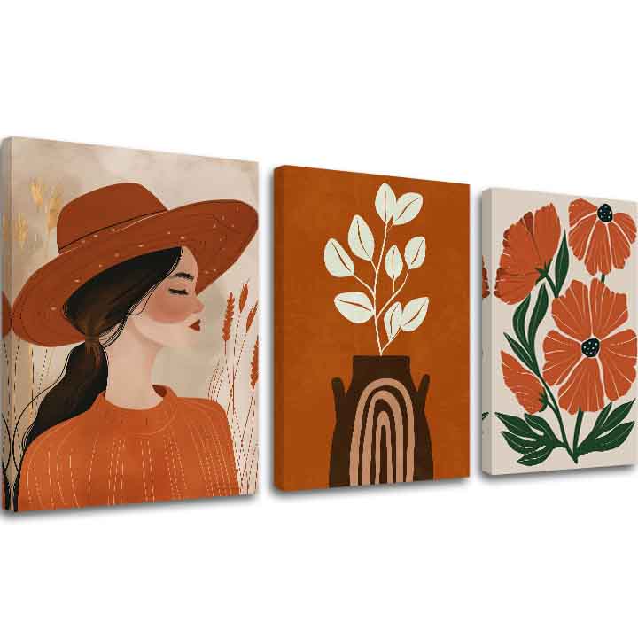 Modern tablou pe pânză cu motivul Grădină ticha, vază, frunze, flori în maro-verde nuanțe, atmosferă liniștită, natură | Tablou pe pânză – Grădină ticha – principală