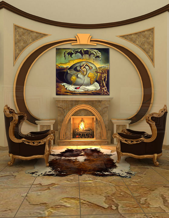 Vintage tablou pe pânză cu motivul hartă în maro-verde nuanțe agățat în interiorul sufragerie, timp și vise | Tablou pe pânză GEOPOLITICUS CHILD WATCHING the BIRTH OF NEW MAN – Salvador Dalí