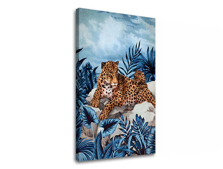 Modern tablou pe pânză cu motivul GEPARD NA SKLALE 001, cer, natură în albastru-portocaliu nuanțe, atmosferă liniștită, natură, potrivit pentru sufragerie – produs