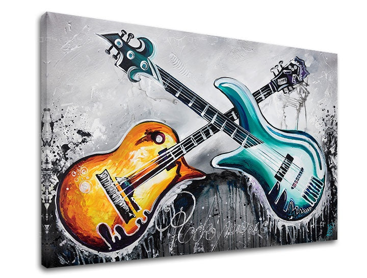 Pop art tablou cu motivul GITARY 1 piese, motiv muzical, peisaj în albastru-portocaliu nuanțe | Tablou pe pânză GITARY 1 piese, creativitate – previzualizare
