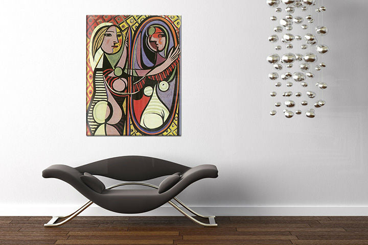 Vintage tablou pe pânză cu motivul DIEVČA PRED ZRKADLOM – Pablo Picasso, natură în violet-verde nuanțe agățat în interiorul sufragerie | Tablou pe pânză DIEVČA PRED ZRKADLOM – Pablo Picasso