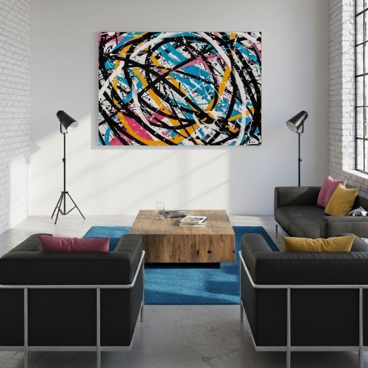Modern tablou pe pânză cu motivul Farebný Chaos - Modern Abstrakt în negru-alb nuanțe, atmosferă energică, creativitate | Tablou pe pânză Farebný Chaos - Modern Abstrakt – produs, vedere 3