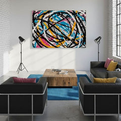 Modern tablou pe pânză cu motivul Farebný Chaos - Modern Abstrakt în negru-alb nuanțe, atmosferă energică, creativitate | Tablou pe pânză Farebný Chaos - Modern Abstrakt – produs, vedere 3