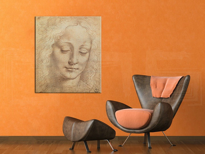 Vintage tablou pe pânză cu motivul HLAVA FEMEI 3 – Leonardo Da Vinci, peisaj, natură în portocaliu nuanțe agățat în interiorul birou de lucru, spiritualitate și frumusețe – interior