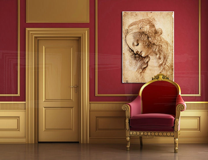 Vintage tablou pe pânză cu motivul HLAVA FEMEI – Leonardo Da Vinci în auriu-roșu nuanțe agățat în interiorul birou de lucru, atmosferă liniștită – interior