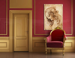 Vintage tablou pe pânză cu motivul HLAVA FEMEI – Leonardo Da Vinci în auriu-roșu nuanțe agățat în interiorul birou de lucru, atmosferă liniștită – interior