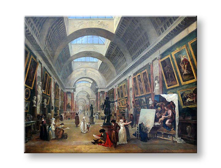 Vintage tablou pe pânză cu motivul Hubert Robert - Projekt Grande Galerie du Louvre, hartă în maro-albastru nuanțe, atmosferă festivă, potrivit pentru hol – produs, vedere 2