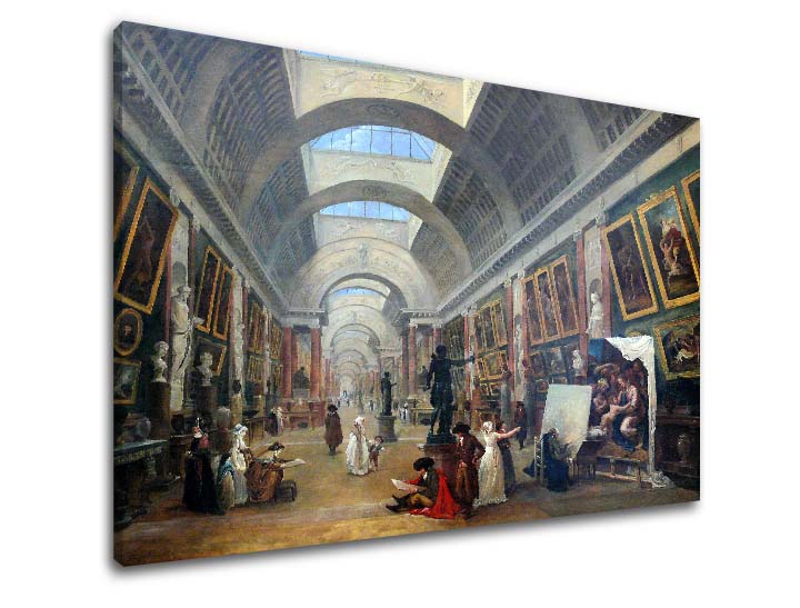 Vintage tablou pe pânză cu motivul Hubert Robert - Projekt Grande Galerie du Louvre, hartă în maro-albastru nuanțe, atmosferă festivă, potrivit pentru hol – produs