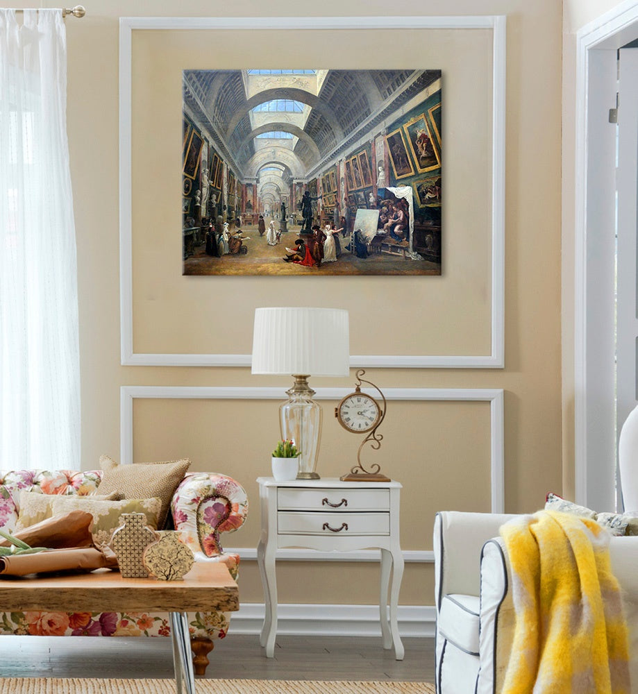 Vintage tablou cu motivul Hubert Robert - Projekt Grande Galerie du Louvre, hartă în maro-albastru nuanțe | Tablou pe pânză Hubert Robert - Projekt Grande Galerie du Louvre – previzualizare