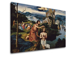 Modern tablou pe pânză cu motivul Joachim Patinir - Krst Ježiša Krista, castel în maro-albastru nuanțe, atmosferă festivă, natură | Tablou pe pânză Joachim Patinir - Krst Ježiša Krista – principală