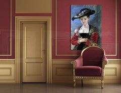 Vintage tablou pe pânză cu motivul LE CHAPEAU DE PAILLE – Peter Paul Rubens în albastru-auriu nuanțe agățat în interiorul sufragerie, eleganță – interior