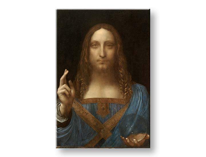 Vintage tablou pe pânză cu motivul Leonardo da Vinci - Salvator Mundi, hartă, natură în albastru-auriu nuanțe, atmosferă festivă, potrivit pentru sufragerie – produs