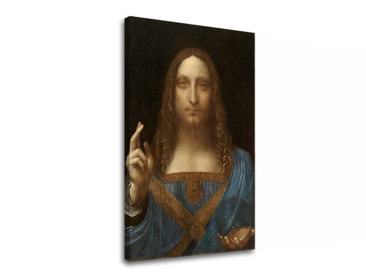 Vintage tablou pe pânză cu motivul Leonardo da Vinci - Salvator Mundi, hartă, natură în albastru-auriu nuanțe, atmosferă festivă, potrivit pentru sufragerie – principală