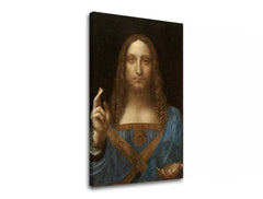 Vintage tablou pe pânză cu motivul Leonardo da Vinci - Salvator Mundi, hartă, natură în albastru-auriu nuanțe, atmosferă festivă, potrivit pentru sufragerie – principală