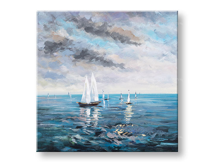 Modern tablou pe pânză cu motivul BĂRCI, ocean, cer, nori, hartă în alb-albastru nuanțe, atmosferă liniștită, libertate | Tablou pe pânză BĂRCI – principală