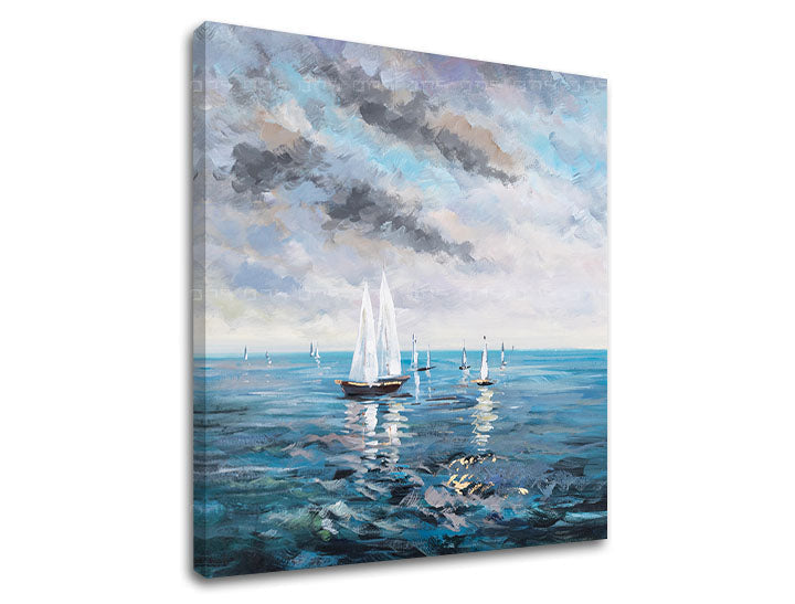 Modern tablou pe pânză cu motivul BĂRCI, ocean, cer, nori, hartă în alb-albastru nuanțe, atmosferă liniștită, libertate | Tablou pe pânză BĂRCI – produs