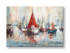 Pop art tablou pe pânză cu motivul BĂRCI, port, peisaj, hartă, natură în alb-albastru nuanțe, atmosferă liniștită, viață la mare | Tablou pe pânză BĂRCI – principală