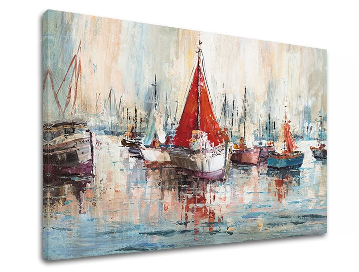 Pop art tablou cu motivul BĂRCI, port, peisaj în alb-albastru nuanțe | Tablou pe pânză BĂRCI, viață la mare – previzualizare
