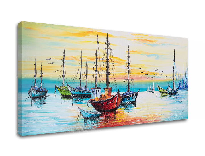 În stil boho tablou pe pânză cu motivul BĂRCI, port, apus de soare în albastru-portocaliu nuanțe, atmosferă liniștită, natură, potrivit pentru dormitor – produs