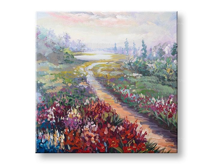 Modern tablou pe pânză cu motivul PAJIȘTE, râu, copaci, cer, peisaj în violet-roz nuanțe, atmosferă liniștită, natură și atmosferă de primăvară – principală