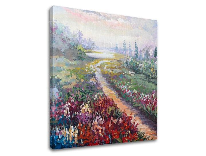 Modern tablou cu motivul PAJIȘTE, râu, copaci în violet-roz nuanțe | Tablou pe pânză PAJIȘTE, natură și atmosferă de primăvară – previzualizare