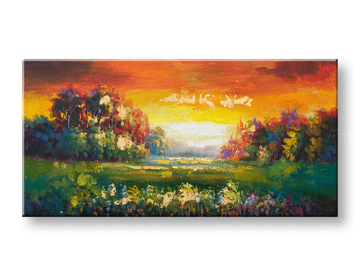 Modern tablou pe pânză cu motivul PAJIȘTE, peisaj, copaci, apus de soare, câmp în albastru-portocaliu nuanțe, atmosferă caldă, natură și atmosferă liniștită – principală