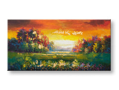 Modern tablou pe pânză cu motivul PAJIȘTE, peisaj, copaci, apus de soare, câmp în albastru-portocaliu nuanțe, atmosferă caldă, natură și atmosferă liniștită – principală