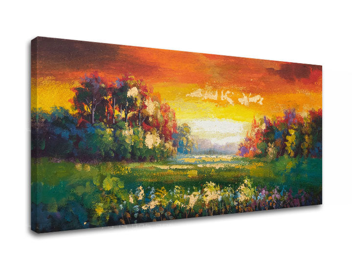 Modern tablou pe pânză cu motivul PAJIȘTE, peisaj, copaci, apus de soare, câmp în albastru-portocaliu nuanțe, atmosferă caldă, natură și atmosferă liniștită – produs