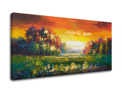 Modern tablou pe pânză cu motivul PAJIȘTE, peisaj, copaci, apus de soare, câmp în albastru-portocaliu nuanțe, atmosferă caldă, natură și atmosferă liniștită – produs