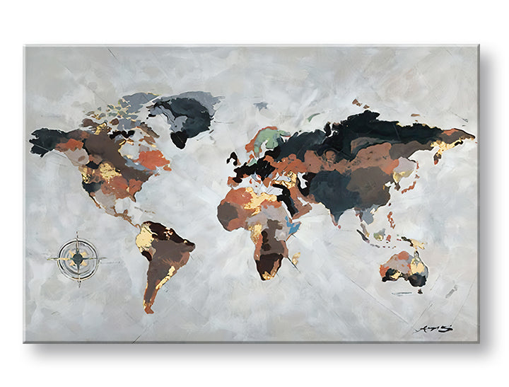 Industrial tablou pe pânză cu motivul MAPA SVETA, hartă în maro-gri nuanțe, atmosferă sofisticată, potrivit pentru birou | Tablou pe pânză MAPA SVETA – principală