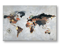 Industrial tablou pe pânză cu motivul MAPA SVETA, hartă în maro-gri nuanțe, atmosferă sofisticată, potrivit pentru birou | Tablou pe pânză MAPA SVETA – principală