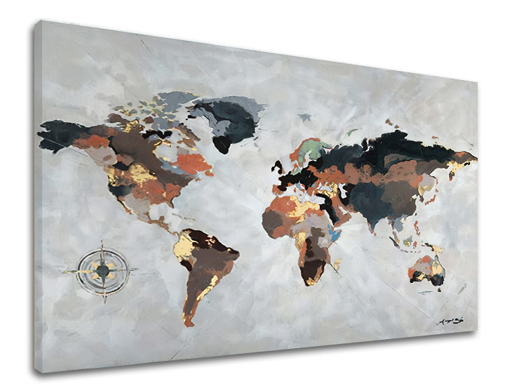 Industrial tablou pe pânză cu motivul MAPA SVETA, hartă în maro-gri nuanțe, atmosferă sofisticată, potrivit pentru birou | Tablou pe pânză MAPA SVETA – produs