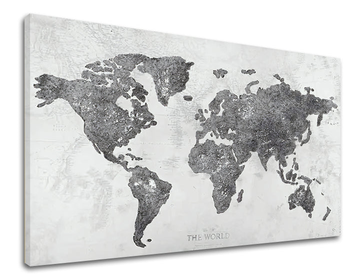 Industrial tablou pe pânză cu motivul MAPA SVETA, hartă, natură în alb-gri nuanțe, atmosferă sofisticată, potrivit pentru birou | Tablou pe pânză MAPA SVETA – produs