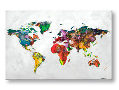 Pop art tablou pe pânză cu motivul MAPA SVETA, hartă în multicolor nuanțe, atmosferă vibrantă, potrivit pentru birou | Tablou pe pânză MAPA SVETA – principală