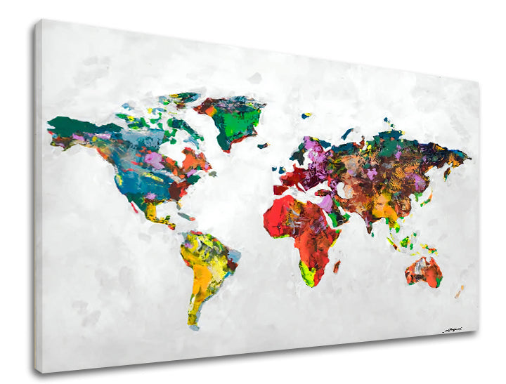 Pop art tablou pe pânză cu motivul MAPA SVETA, hartă în multicolor nuanțe, atmosferă vibrantă, potrivit pentru birou | Tablou pe pânză MAPA SVETA – produs