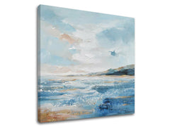 Modern tablou pe pânză cu motivul ocean, cer, nori, peisaj, mare și plajă în alb-albastru nuanțe, atmosferă liniștită, natură și viață la mare – produs