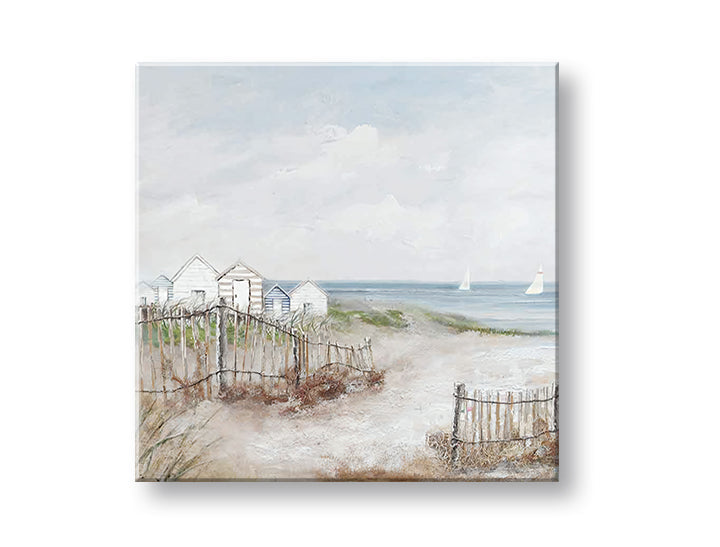 În stil boho tablou pe pânză cu motivul LITORAL, ocean, mare și plajă în alb-bej nuanțe, atmosferă liniștită, viață la mare, potrivit pentru sufragerie – principală