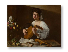 În stil boho tablou pe pânză cu motivul Michelangelo Caravaggio - Lutnista, flori, vioară, motiv muzical, natură în alb-auriu nuanțe, potrivit pentru bucătărie – produs, vedere 2