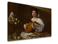 În stil boho tablou pe pânză cu motivul Michelangelo Caravaggio - Lutnista, flori, vioară, motiv muzical, natură în alb-auriu nuanțe, potrivit pentru bucătărie – produs