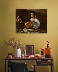 În stil boho tablou pe pânză cu motivul Michelangelo Caravaggio - Lutnista, flori, vioară, motiv muzical, natură în alb-auriu nuanțe, potrivit pentru bucătărie – principală