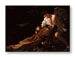 Vintage tablou pe pânză cu motivul înger, motiv religios, oameni în maro-auriu nuanțe, atmosferă liniștită, natură, potrivit pentru sufragerie | Tablou pe pânză Michelangelo Caravaggio - Svat..., vedere 3