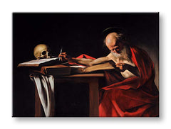 Vintage tablou pe pânză cu motivul Michelangelo Caravaggio - Sfânt Jeroným, craniu, hartă în maro-roșu nuanțe, atmosferă festivă, potrivit pentru birou de lucru – produs, vedere 2