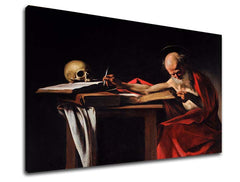 Vintage tablou pe pânză cu motivul Michelangelo Caravaggio - Sfânt Jeroným, craniu, hartă în maro-roșu nuanțe, atmosferă festivă, potrivit pentru birou de lucru – produs