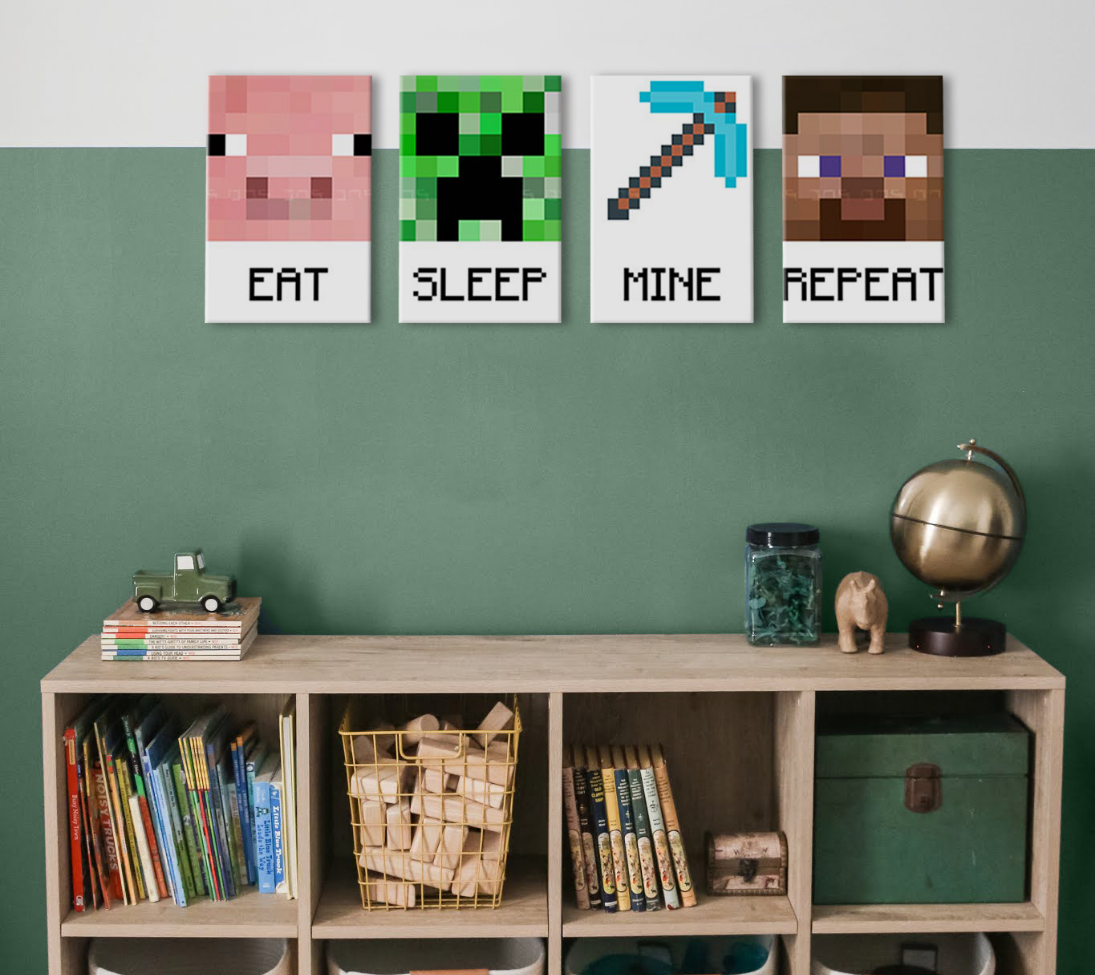 Modern tablou pe pânză în verde-alb nuanțe, atmosferă jucăușă, copilărie | Minecraft tablou - Najlepšie postavičky na pânză - Eat, Sleep, Mine, Repeat – produs, vedere 2