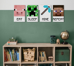 Modern tablou pe pânză în verde-alb nuanțe, atmosferă jucăușă, copilărie | Minecraft tablou - Najlepšie postavičky na pânză - Eat, Sleep, Mine, Repeat – produs, vedere 2