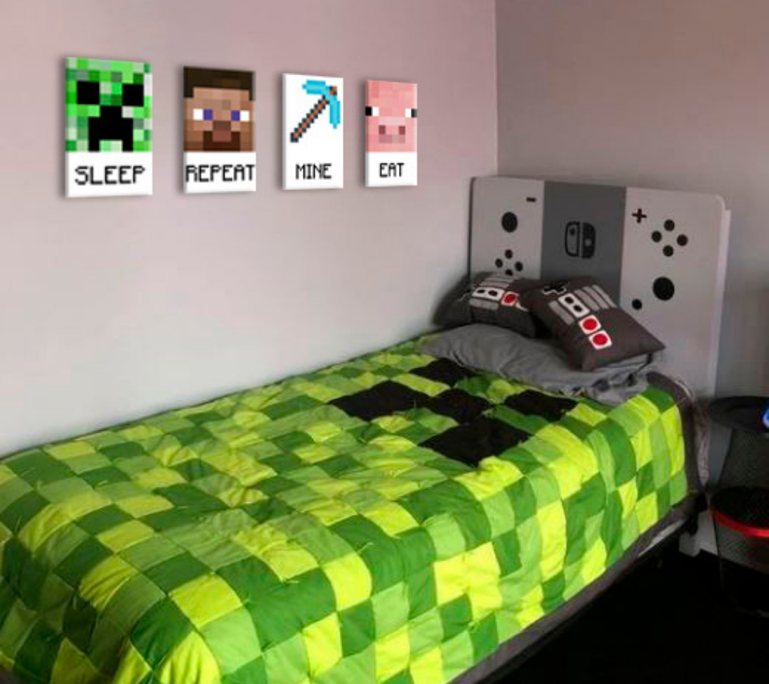 Modern tablou pe pânză în verde-alb nuanțe, atmosferă jucăușă, copilărie | Minecraft tablou - Najlepšie postavičky na pânză - Eat, Sleep, Mine, Repeat – principală