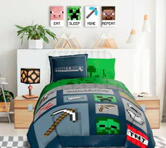 Modern tablou pe pânză în verde-alb nuanțe, atmosferă jucăușă, copilărie | Minecraft tablou - Najlepšie postavičky na pânză - Eat, Sleep, Mine, Repeat – produs