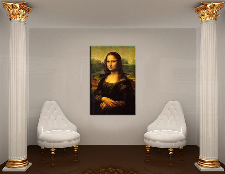 Pop art tablou pe pânză cu motivul MONA LISA – Leonardo Da Vinci, peisaj, motiv urban, natură în alb-auriu nuanțe agățat în interiorul birou de lucru – interior