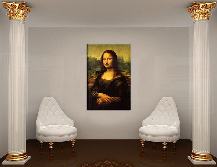 Pop art tablou cu motivul MONA LISA – Leonardo Da Vinci, peisaj, motiv urban în alb-auriu nuanțe | Tablou pe pânză MONA LISA – Leonardo Da Vinci – previzualizare